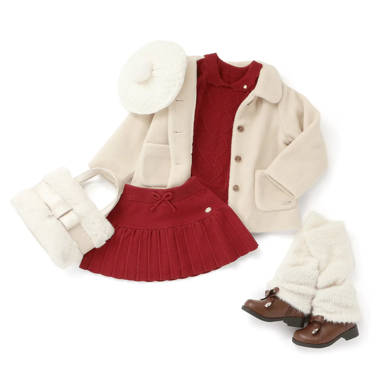 赤いニットの上下に白色コートと小物のコーデ