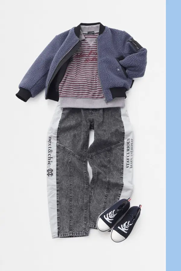 ボアブルゾン×ボーダーニット×切り替えデニムの男の子コーディネート