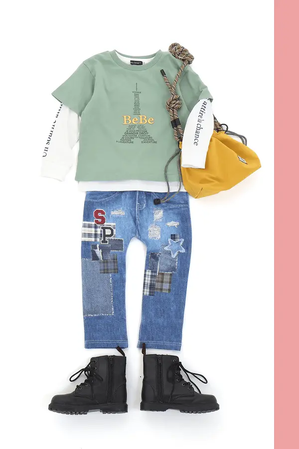 ミント×イエロー×パッチデニムの男の子コーディネート