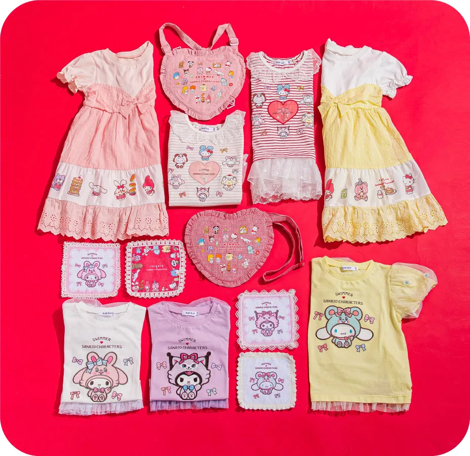 サンリオキャラクターたちが描かれたパステルカラーの子供服コレクション