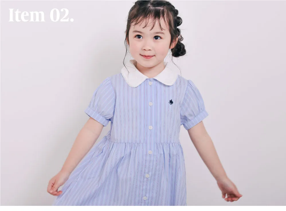 襟付きストライプワンピースとパフスリーブデニムワンピースの着用コーディネート