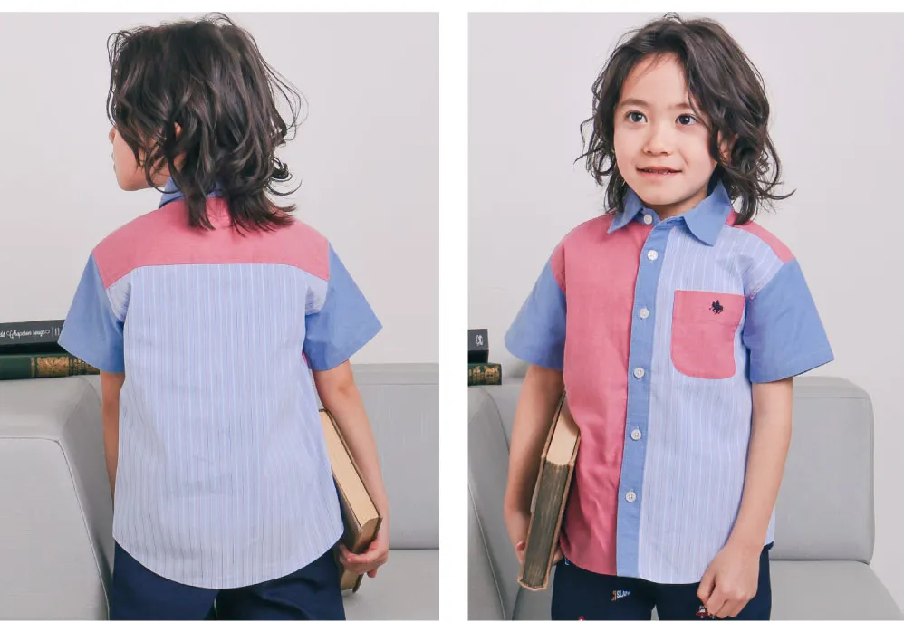 胸元ポケットのロゴがアクセントの半袖シャツ：フロントオープンでの着用詳細