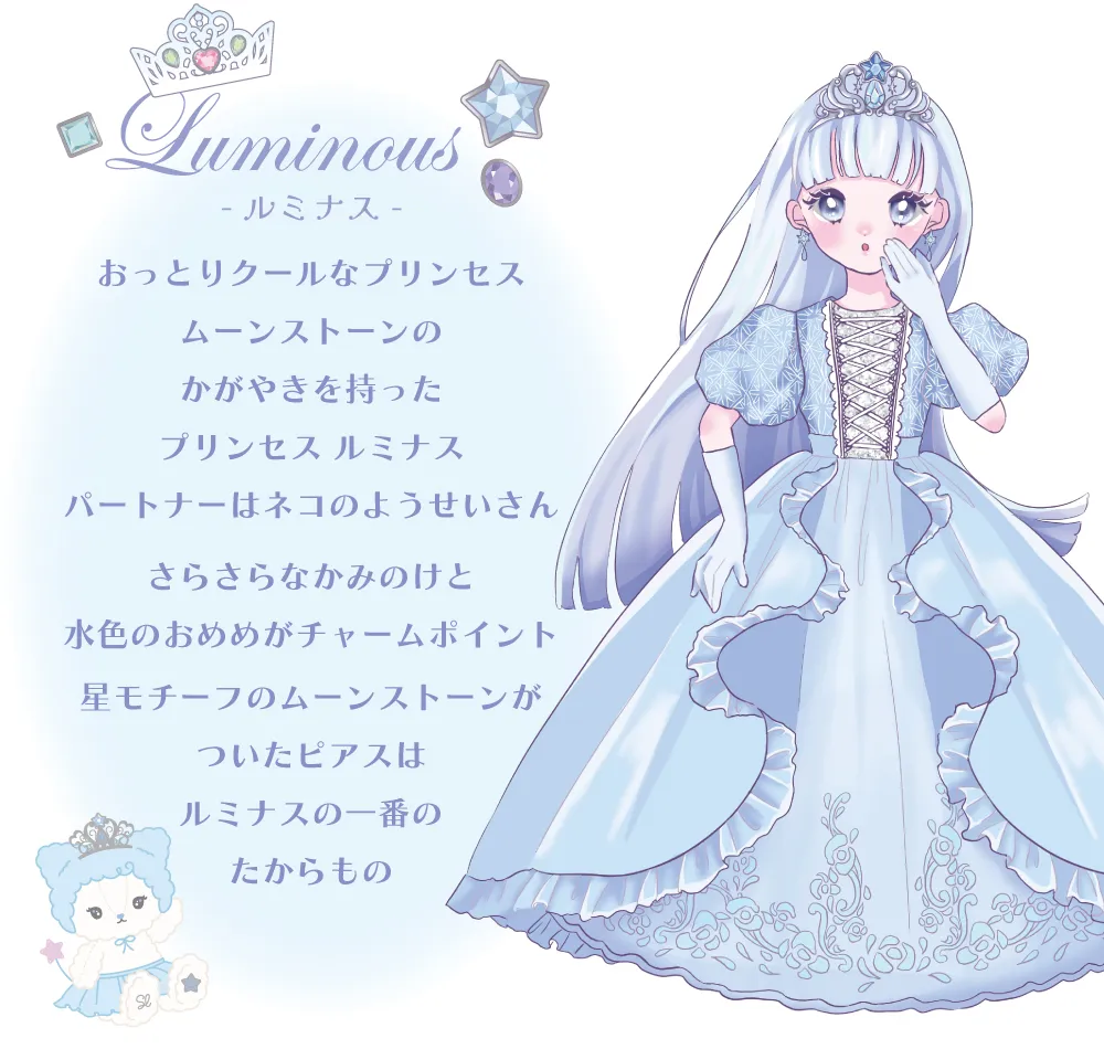 スラプリ：アクアマリンをイメージしたブルーのプリンセスと妖精のイラスト