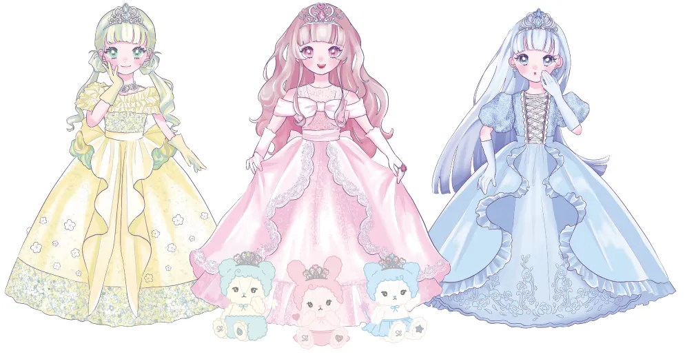 スラップスリップのオリジナルキャラクター、3人のプリンセスと妖精のイラストレーション