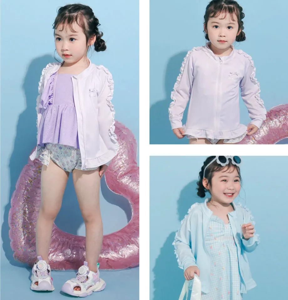 水着と合わせてコーディネートできるフリル付きラッシュガード（サックス）