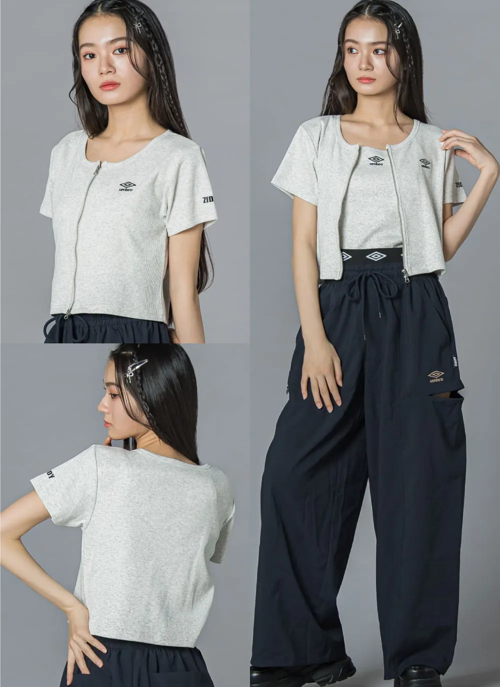 umbroロゴ入りジッパー付きトップスとカップ付きキャミソールのセットアイテム詳細