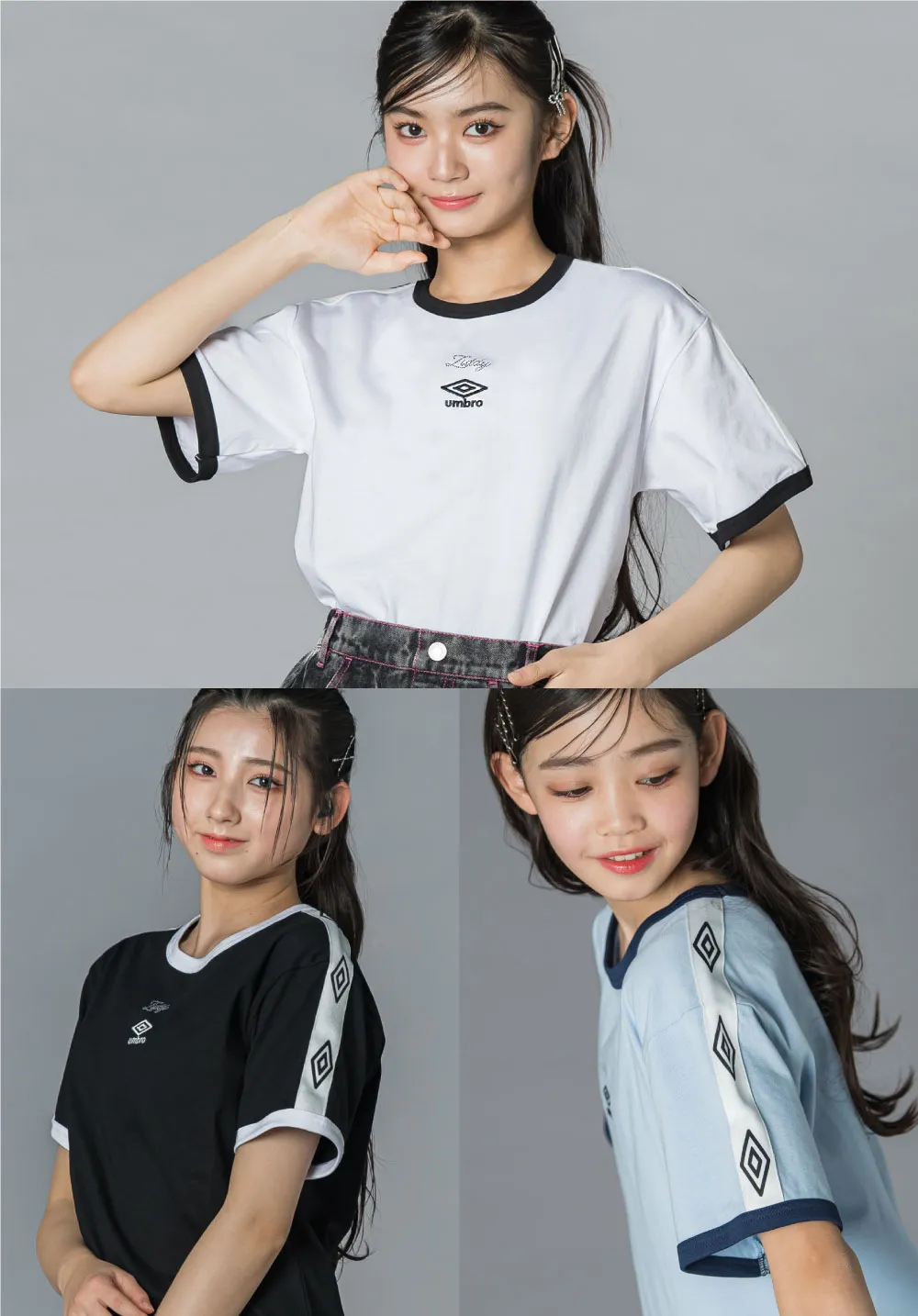 umbroロゴとキラキラストーンZIDDYロゴが特徴の袖ライン入りリンガーTシャツ詳細