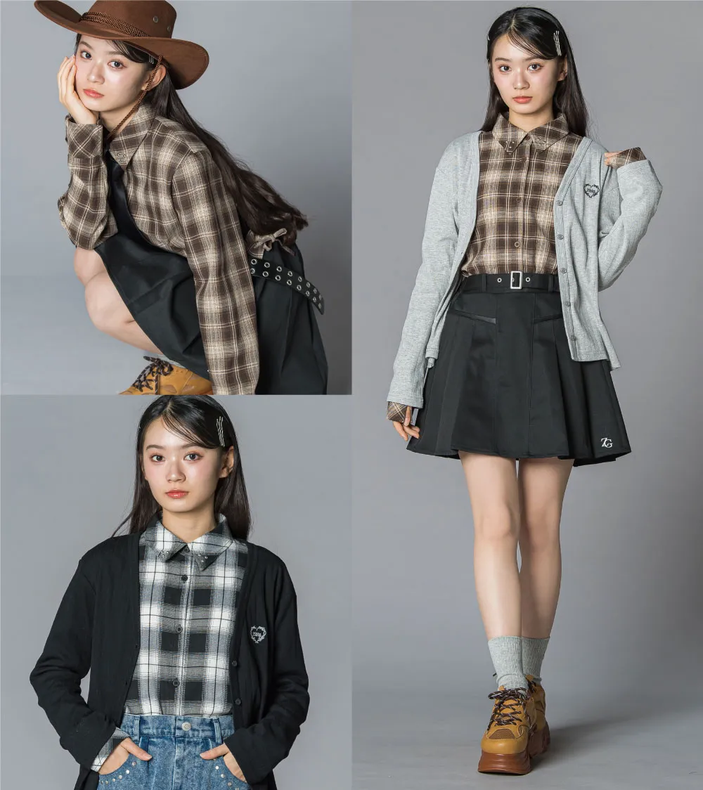 カウガール風スタッズ付きチェックシャツとフェミニンなカーディガンのミックスコーデ