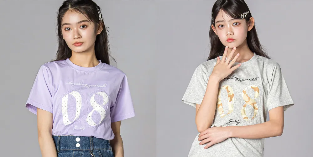 ZIDDY ナンバリングTシャツのバックスタイルとドット・迷彩生地のディテールアップ