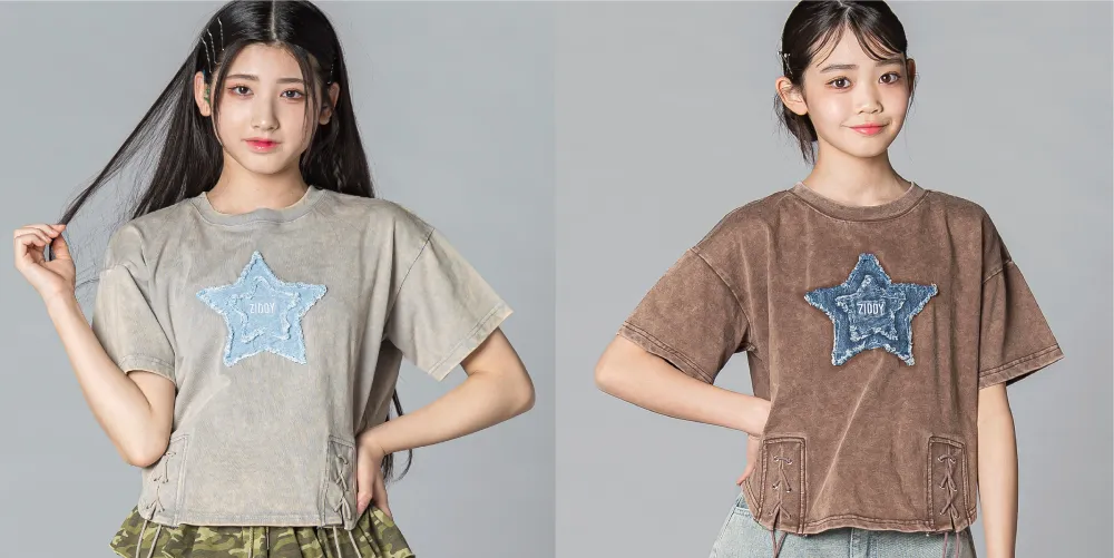 ZIDDY デニム星パッチTシャツの裾あみあげ(編み上げ)デザイン詳細